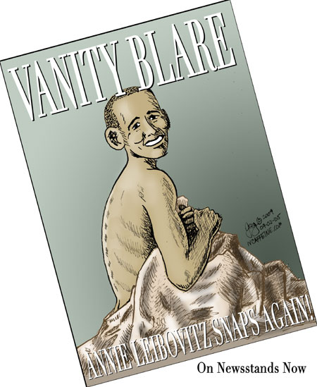 Cartoon parody of Annie Liebovitz's Vanity Fair photoshot of the Obama family, showing the president in Miley Cyrus's pose