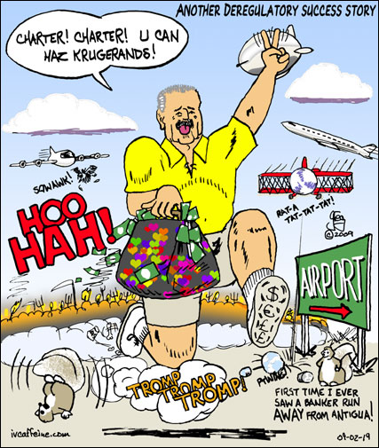 Another Deregulation Success Story--cartoon of R. Allen Stanford skipping town, carrying a carpetbag full of loot, being chased by an angry mob of investors...