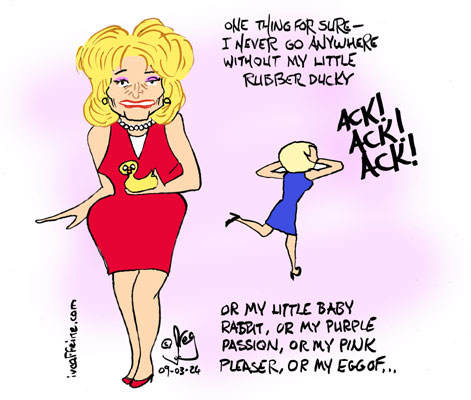 Caricature of Barbara Walters explains to a 'gacking' Mika Brzezinski about feminine toys