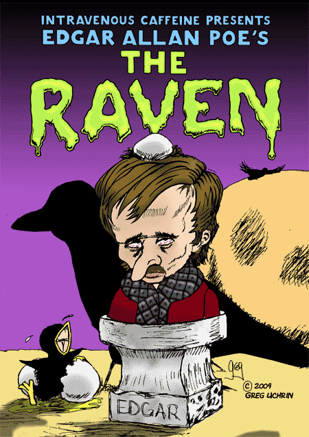 Cover image for Greg Uchrin's parody edition of The Raven, showing a bust of Edgar with egg, not quite on his face.