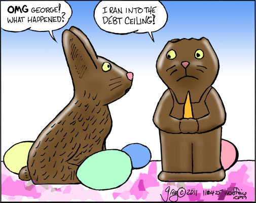 A chocolate Easter Bunny loses its ears by running them against the debt ceiling.